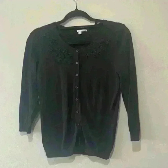 Halogen button down sweater with floral beaded design black size small - Picture 1 of 8